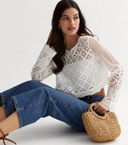 New Look White Crochet Long Sleeve Crop Top